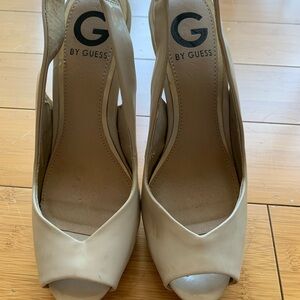 G by Guess Beige Patent Peep-Toe Slingback Heels